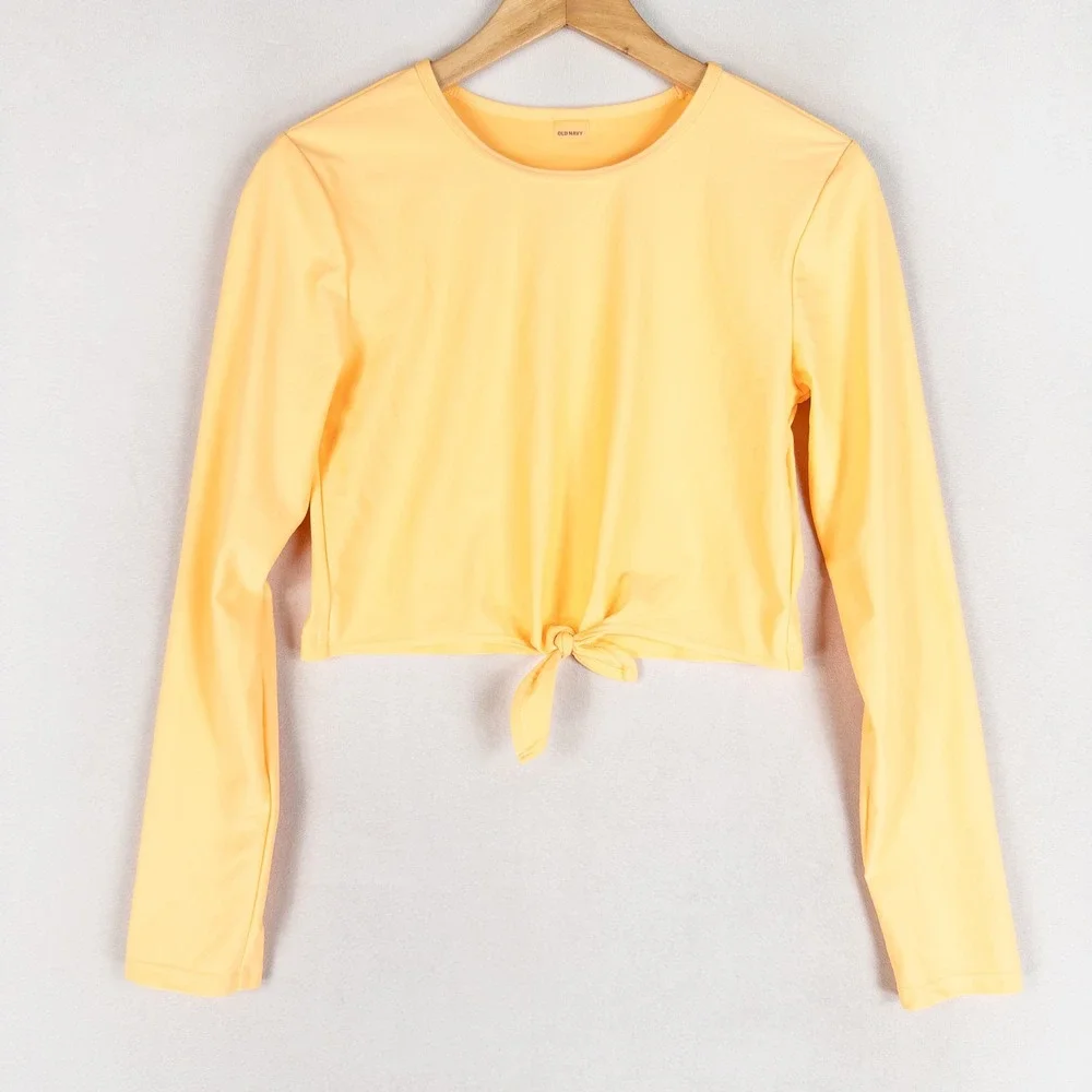 Old Navy Rash Guard Girl XXL 18 Yellow Orange Long Sleeve Front Tie Cropped Swim